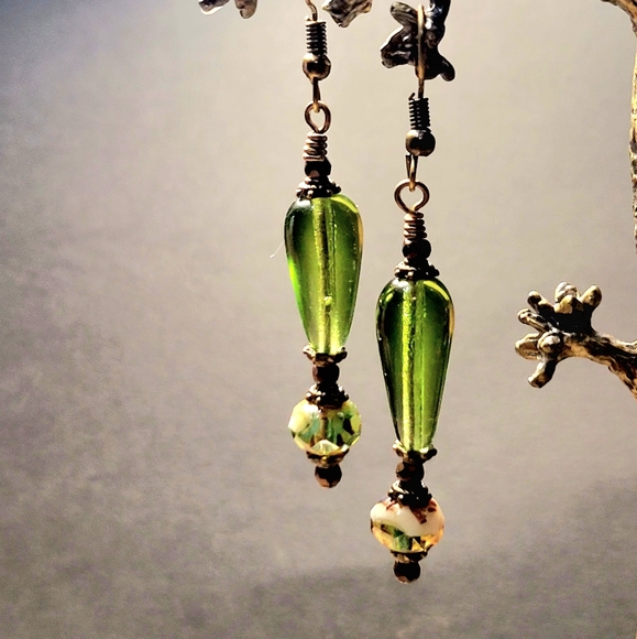 Boho Moss Green handcrafted drop Earrings - Picture 5 of 11